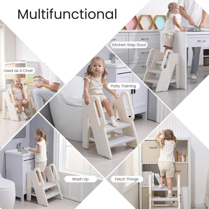 Триттлер Hoopyosms для дітей, 2/3-рівневий, регульована висота, складна конструкція, з поручнями, антиковзаюча поверхня, для ванної та кухні, сірий