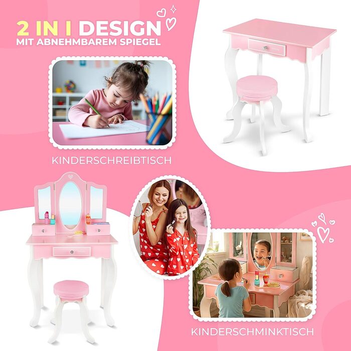 Дитячий туалетний столик Kinderplay Green з дзеркалом та стільчиком – Рожевий комплект для гри та макіяжу