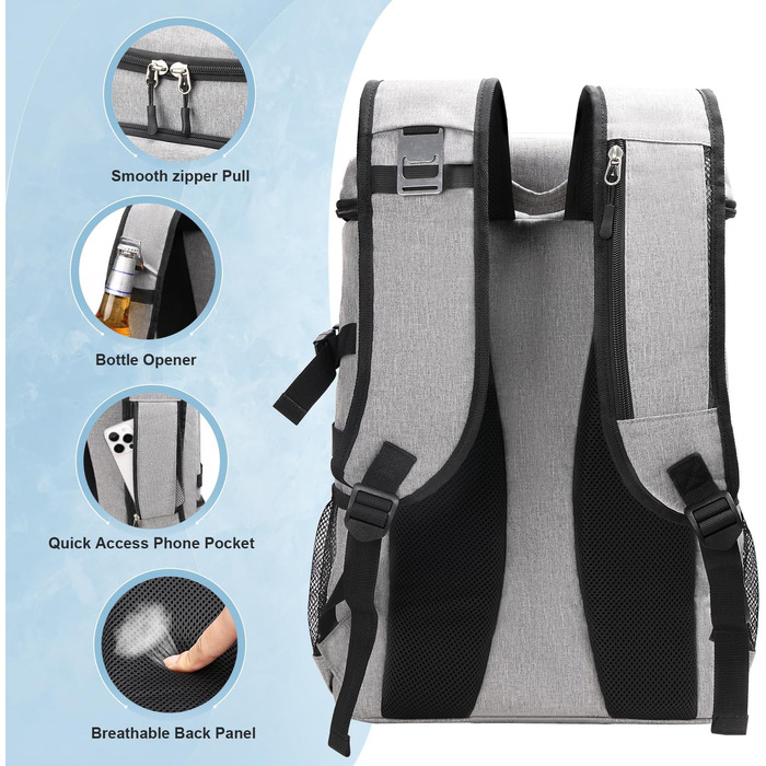 Рюкзак-холодильник Estarer 35L сірого кольору: для пікніків, кемпінгу та пляжу. З відкривачем для пляшок, водонепроникний.