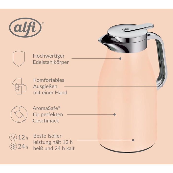 Термос Alfi SKYLINE 1.0л, пастельний колір, нержавіюча сталь, з термоізоляцією, гігієнічний вкладиш з термостійкого скла, поворотний замок з кнопкою, ергономічна ручка, для кави та чаю, BPA-free (1000 мл, Pastel Apricot Mat)