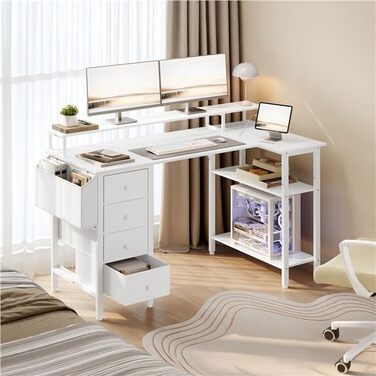 Кутовий стіл Yaheetech L-подібний з розетками, 120 x 68 см, білий. Ігровий стіл з кріпленням для монітора, 4 шухлядами, 2 полицями та кишенькою для зберігання. Для дому та офісу.