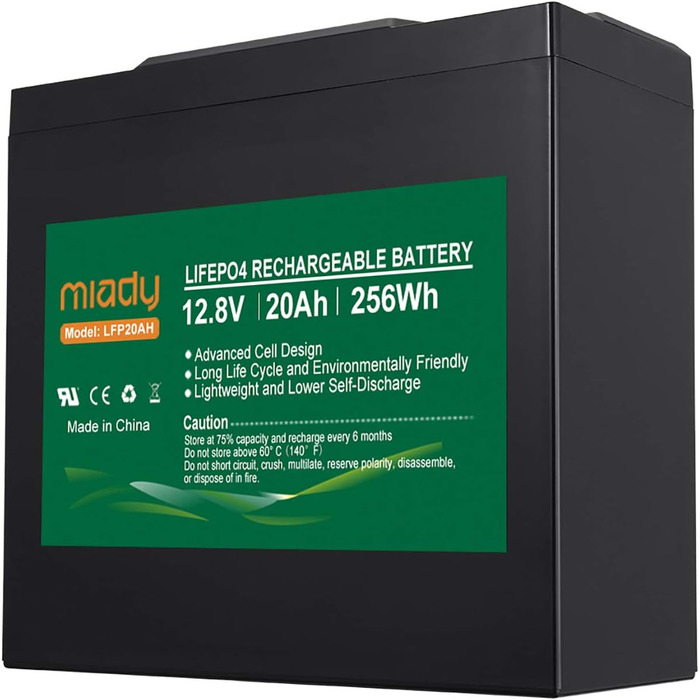 Акумулятор Miady 12V LiFePO4 із захистом BMS, 3000 циклів, не потребує обслуговування, 20 Ач для сонячної системи, автофургон, човен