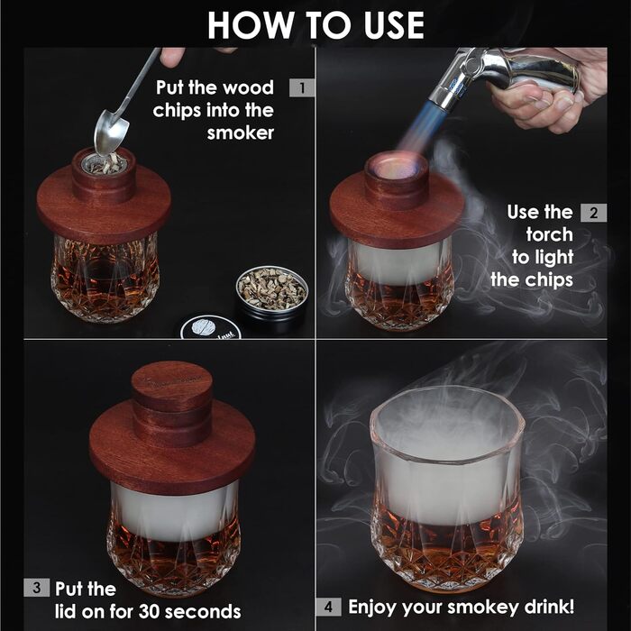 Набір для копчення віскі та коктейлів Smokeologist – 8 натуральних ароматизаторів, подарункова дерев'яна коробка, преміум-пальник на бутані