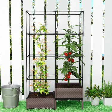 Підвищений грядок з решіткою для підтримки рослин, дренажними отворами та пластиковими горщиками, розміром 100 x 50 x 174 см