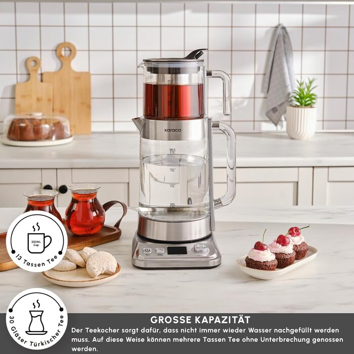 Електричний чайник та заварник Karaca X Refika XL з автоматичним регулюванням температури, 2л, 0.8л, 2200W, хром