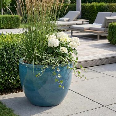 Квітчар Teramico Premium з кераміки, глазурований – 100% морозостійкий, ручної роботи. Горщик для квітів з отвором для внутрішнього та зовнішнього використання. Преміум-якість, унікальний, зимостійкий (Jade, 29см x 23см)