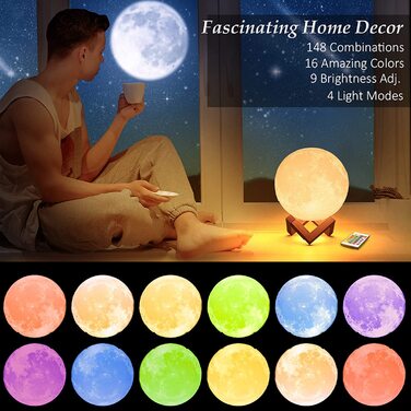 Новий подарунок на День матері Mydethun 2023 16 кольорів Місячна лампа з керамічною основою, світлодіодний 3D нічник, пульт дистанційного керування, USB-зарядка, лампа для дітей, дівчаток, спальня, прикраса будинку, світильник настрою (Різнокольоровий, 18
