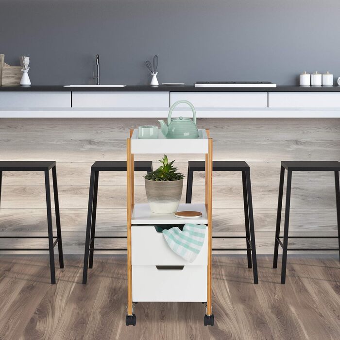 Столик-візок Relaxdays на колесах з шухлядами, білий (MDF, бамбук, 69x30x30 см)