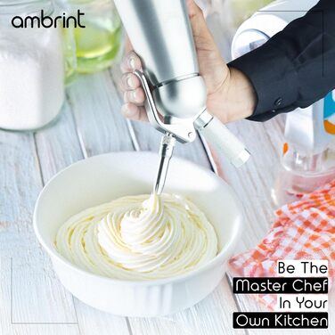 Дозатор для збитого вершку: міцний алюмінієвий кантер з 6 насадками (нержавіюча сталь & пластик), щітка для чищення та сумка для зберігання. Преміум-дозатор для домашніх десертів