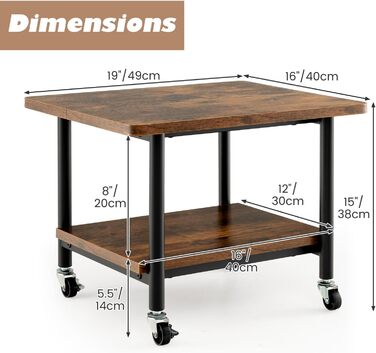 Стіл для принтера HOMASIS 2-ярусний, стійка для принтера з 4 колесами та 2 гальмами, вантажопідйомність 55 кг, підставка для принтера, полиця для принтера, візок для принтера для офісу та дому (колір: коричневий)