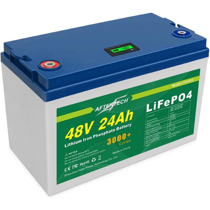 Літій-залізо-фосфатна батарея AFTERTECH 48V 24Ah Lifepo4, акумуляторна, 3000 циклів, 51,2 В 1228 Втгод