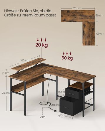 Комп'ютерний стіл VASAGLE L-подібний з розетками, LED-підсвічуванням та USB-портами, 150 x 120 x 76 см, для дому та офісу, вінтажний колір