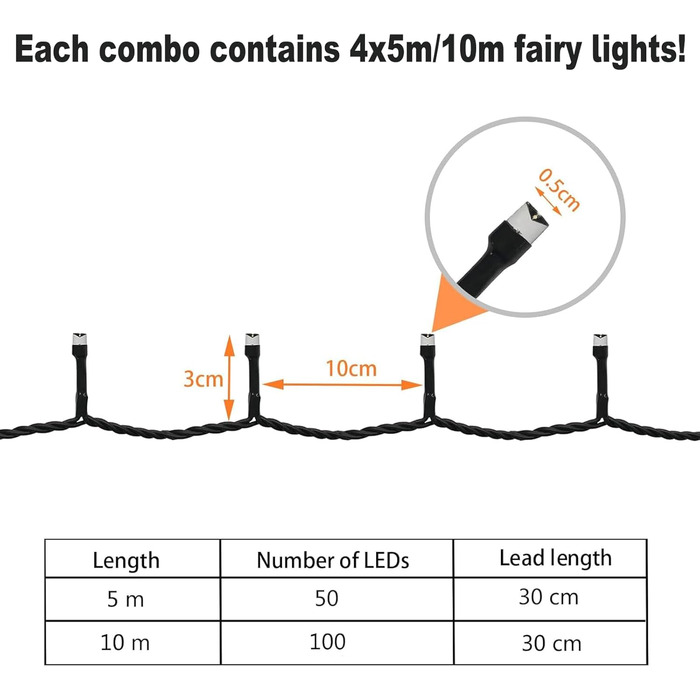 Ланцюжок прикрас Hopelit з 50 LED, 5 метрів: святкова гірлянда на батарейках з таймером, 8 режимів, для декору саду, вечірки, ялинки (водостійка, кольорова)
