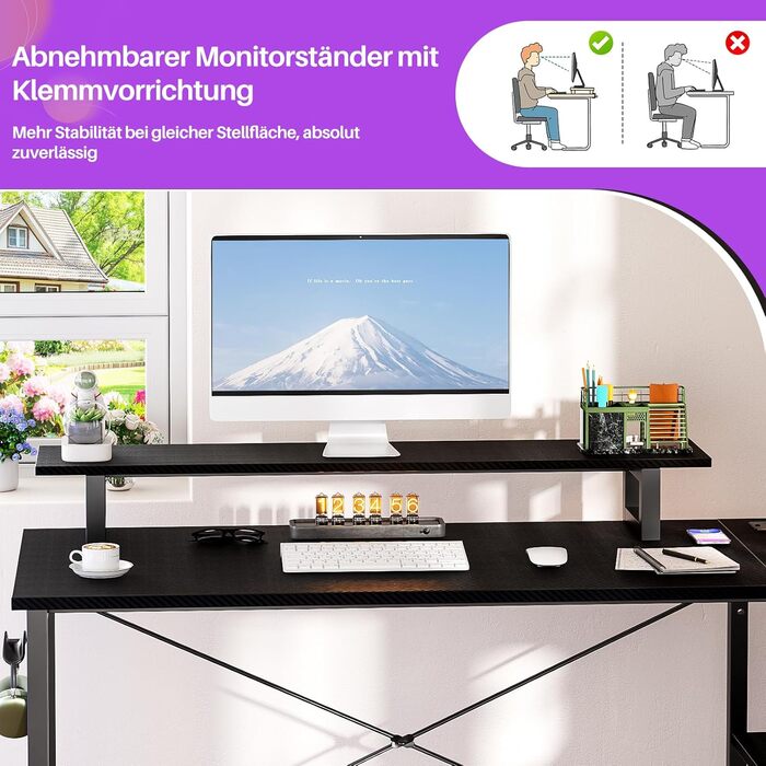 Кутовий ігровий стіл з LED-підсвічуванням та розетками, комп'ютерний стіл з полицями, обертовий кутовий стіл з підставкою для монітора, 120 x 70 см, ДСП, колір: сіра береза (карбон, чорний)