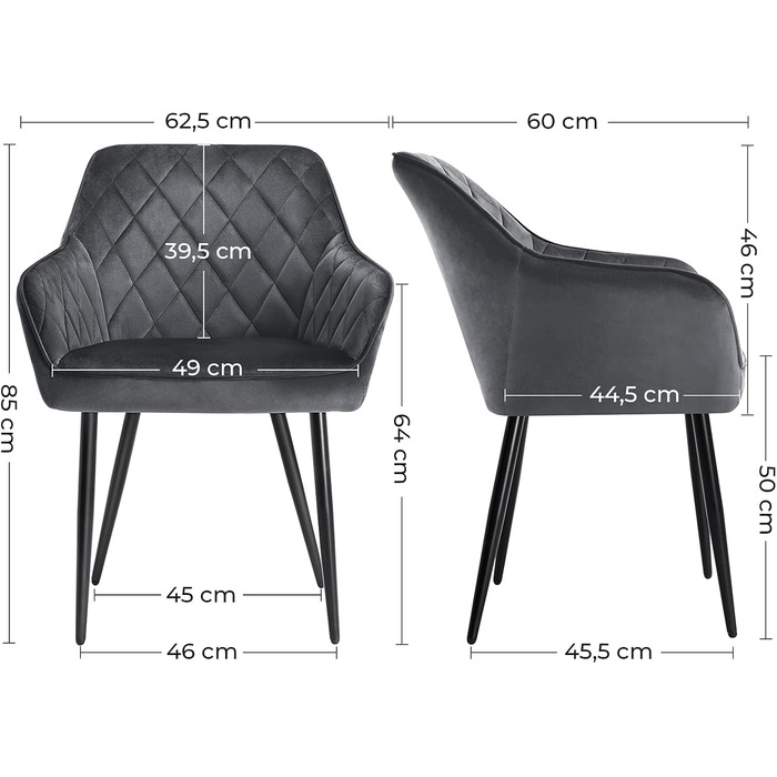 Крісла для їдальні SONGMICS, комплект 6 шт., з підлокітниками, оксамитовий чохол, металеві ніжки, до 110 кг, для їдальні, кухні, вітальні, спальні, сірий LDC088G0