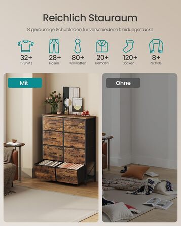 SONGMICS Комод зі 8 висувними ящиками, шафа для зберігання, сталь, МДФ, флізелін, для спальні, прихожої, вітальні, вінтажний коричневий + чорний, LGS124BH04