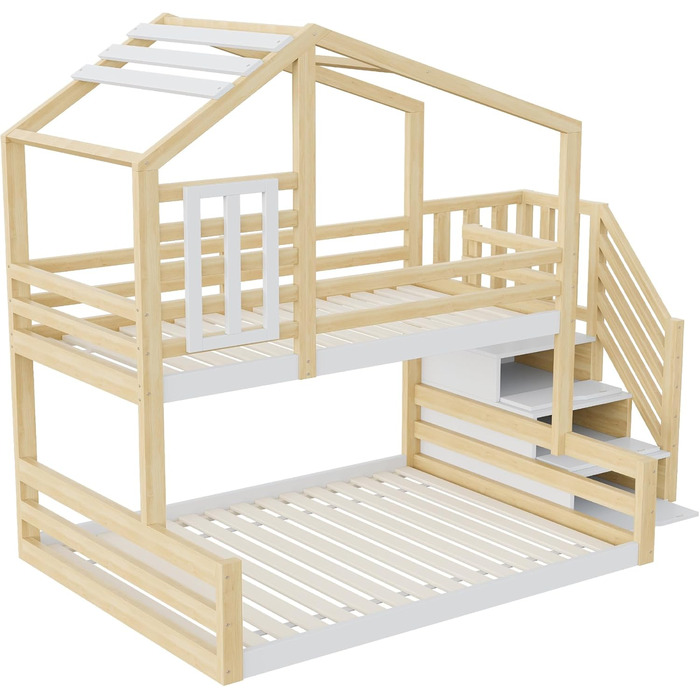 Двоярусне ліжко 90x200 та 140x200 см, дитяче ліжко-горище з місцем для зберігання, сходами та дахом, ліжко-будиночок з вікном, з ламелями та захистом від падіння, без матраца, натуральне дерево