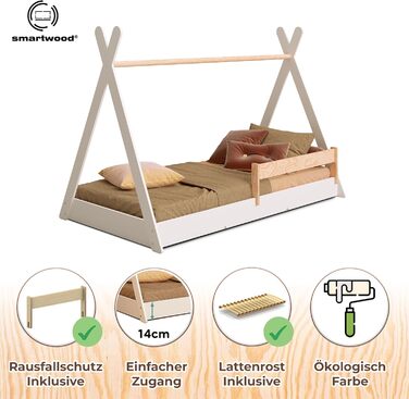 Дерев'яне ліжко-дитяча кімната Smartwood Hausbett: Монтессорі Тіпі з сосни з сертифікатом FSC, захист від падіння та ламелі до 230 кг, для хлопчиків та дівчаток, проста збірка (70x140, білий)