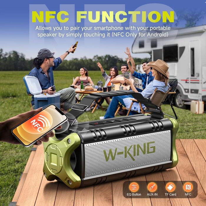 W-KING Портативна Bluetooth Колонка 90W, Вологостійка IPX6, 40 годин, Powerbank, NFC, AUX, TF, Зелена