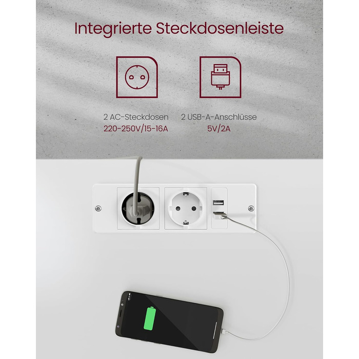 Електричний регульований стіл VASAGLE 120x60 см, білий + горіховий, з пам'яттю висоти, з розетками та ящиком