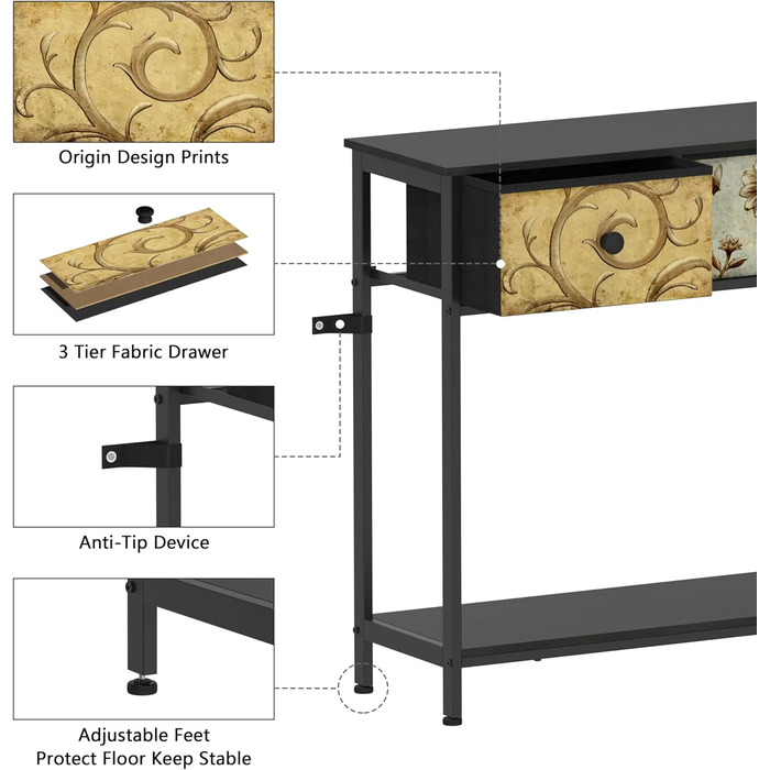 Консольний стіл з 3 ящиками, 2 яруси, диванний столик, журнальний столик, стіл для передпокою, легка збірка, чорний