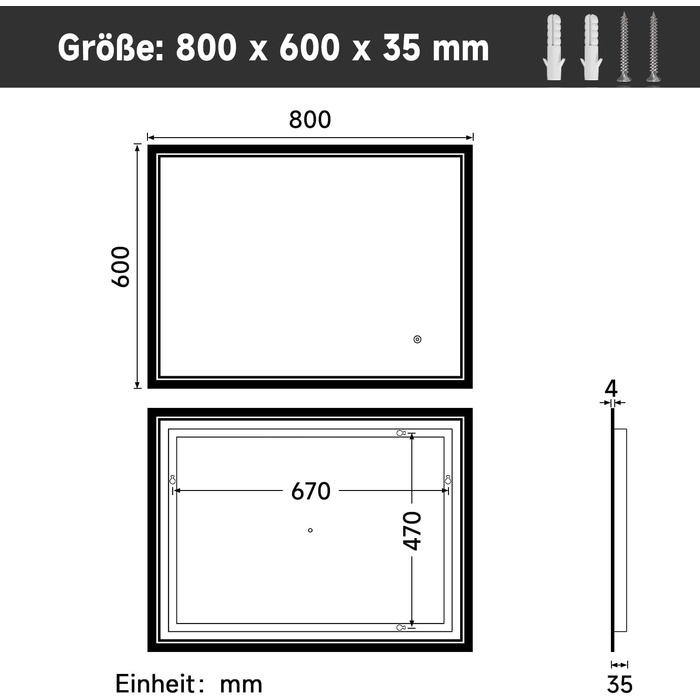 Дзеркало для ванної кімнати Badspiegel 80x60 з підсвічуванням та антизапарюванням LED, 3 колірні температури, IP44, настінне
