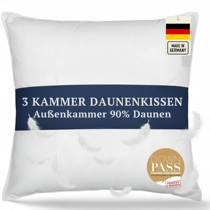 Німецьке пухове подушка 80x80 | 3-камерна подушка 80x80 з пуху та пір'я | М'яка та підходить для алергіків | Ергономічна подушка | Подушка 1x 80x80 см