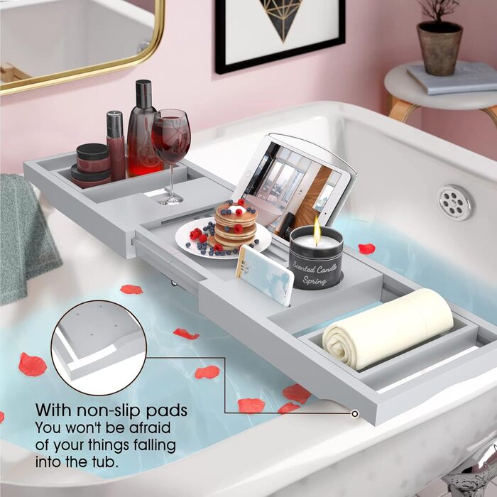 Підставка для ванни Artmalle, складана бамбукова підставка для ванни з тримачем для книги та келиха, безкоштовна мильниця, для розслаблення та читання, натуральний бамбук (сірий, складна)