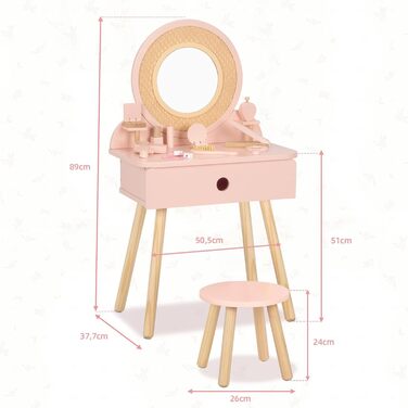 Дитячий туалетний столик OOOK для дівчаток з дзеркалом та табуретом, рожевий, з дерева