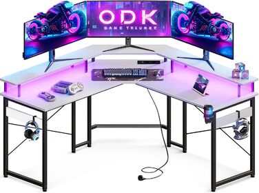 Ігровий стіл ODK 129x129 см з LED підсвіткою, 2 розетки та 2 USB, для ПК та комп'ютера, білий
