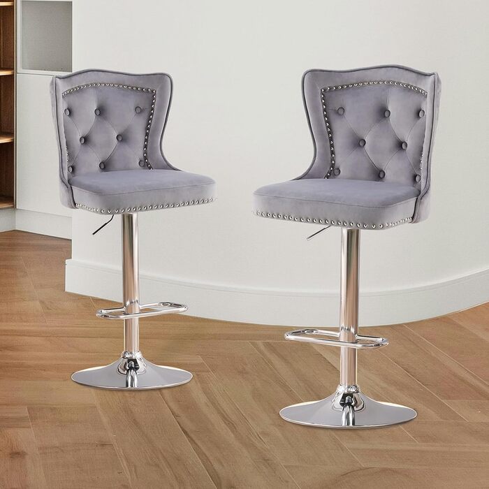 Набір з 2 барних стільців Samt - сучасні стільці для бару з високою спинкою, оббивка велюром, регульована висота, сірий