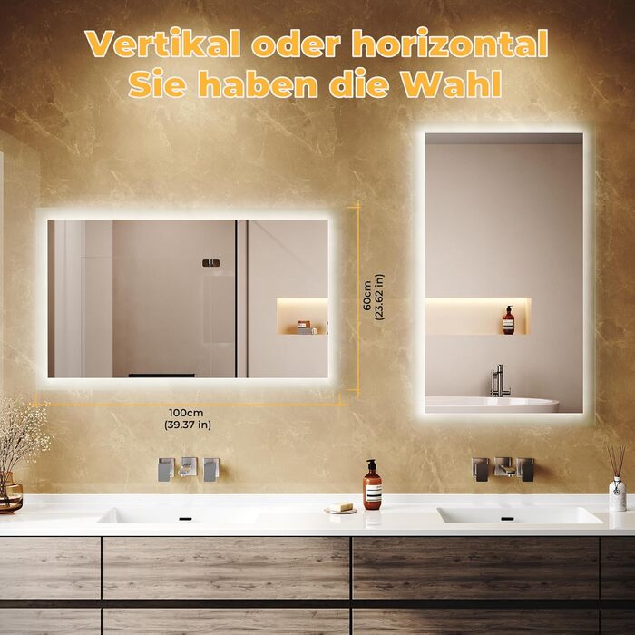 Дзеркало для ванної кімнати LOMIKEN з підсвічуванням, 60x50 см, LED, холодний білий світ, енергозбереження, вертикальне/горизонтальне кріплення, вимикач на стіні, матові краї