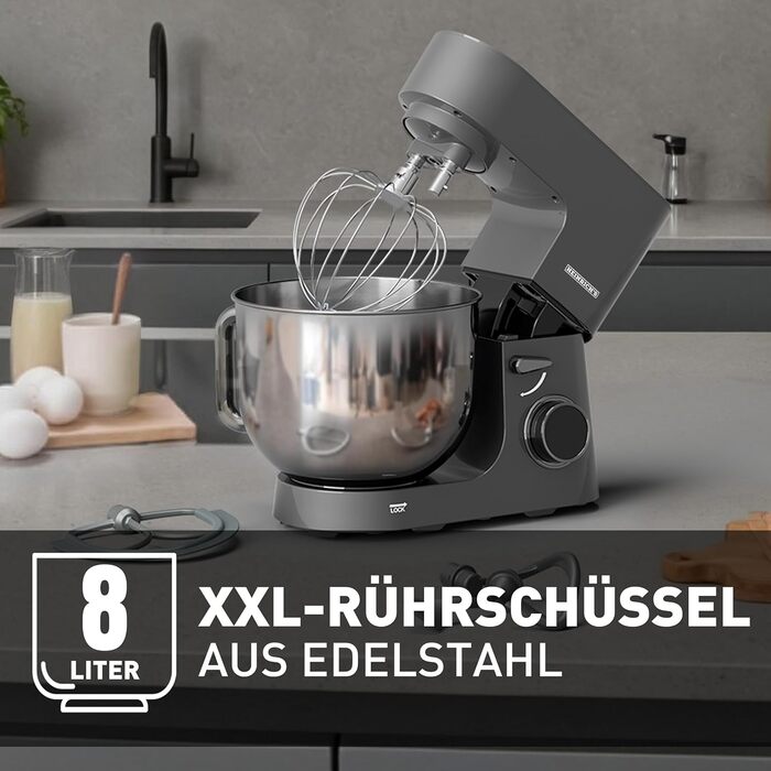 Кухонна машина Heinrichs 2500W з двома гаками для тіста, міксером та насадкою для збивання, 8 швидкостей, чаша 8л з нержавіючої сталі, тиха, з титановим покриттям