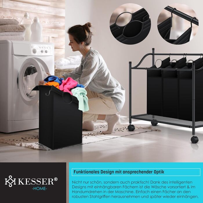 Кошик для білизни KESSER з 4 знімними мішками для сортування | 4 відділення по 35 літрів | Чорний кошик для білизни з колесами та гальмами