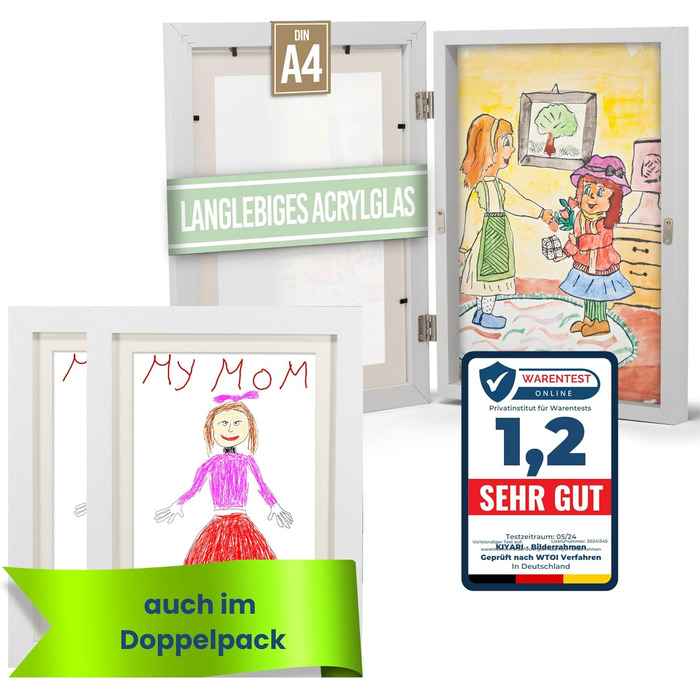 Рамки для дитячих малюнків KIYARI A4, 2 шт., білі, розкладні, з фронтальною відкриттям, для 150 малюнків, міцне дерево, безпечне скло, ідеально для творчих проектів, дитячої кімнати та школи