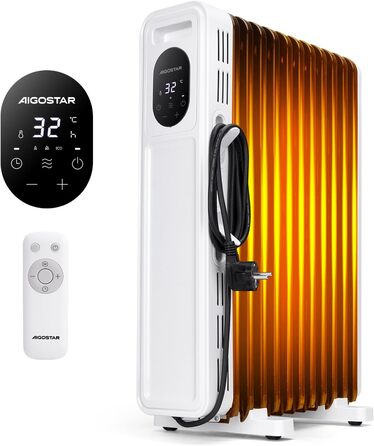 Електричний масляний радіатор Aigostar Cozy 2300W з пультом дистанційного керування, 11 ребер, термостат, 3 режими, таймер 24г, LED-дисплей, захист від перекидання та перегріву, мобільний обігрівач для кімнати