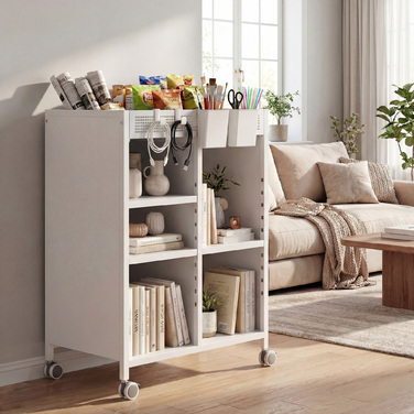 Мобильна полиця для книг на коліщатках, 4 яруси, регульовані полиці та підвісні кошики для домашнього офісу та вітальні, білий