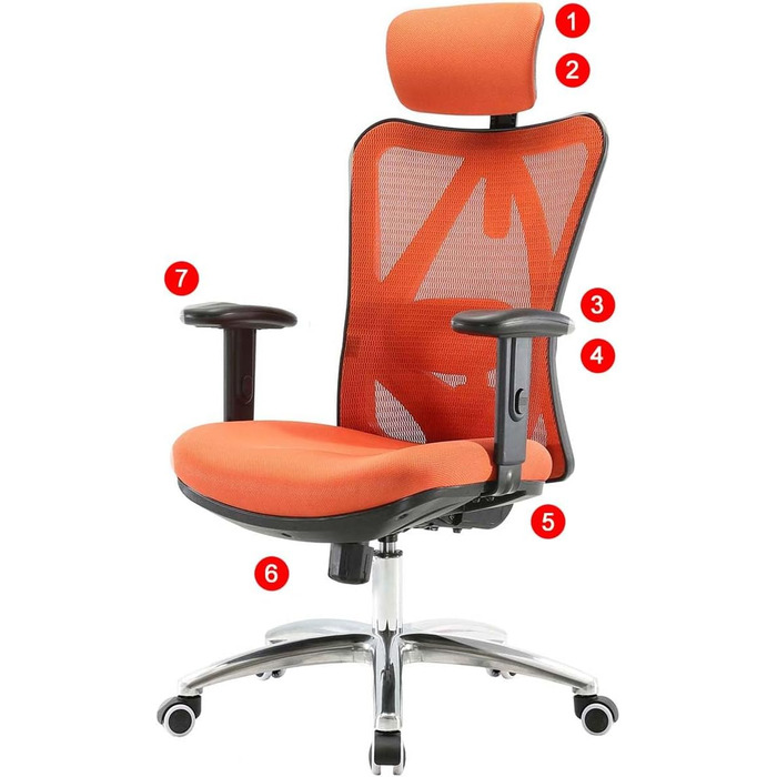 Офісний стіл Mendler HWC-J86, ергономічне крісло, регульована поперекова підтримка, 150 кг, оранжеве