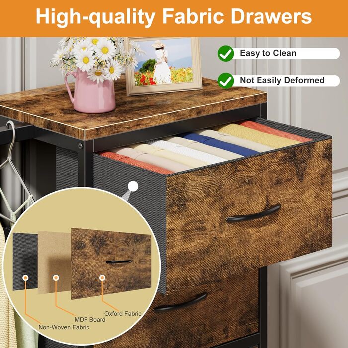Комод 111 см з 4 висувними ящиками з тканини, з вішалкою, для спальні, вітальні, передпокою, дерев'яний, подарунок
