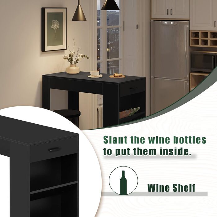 WOLTU Столик барний, кухонний, вітальні, їдальні з 1 шухлядою, 3 полицями, віноградником, чорний 100x50x100 см