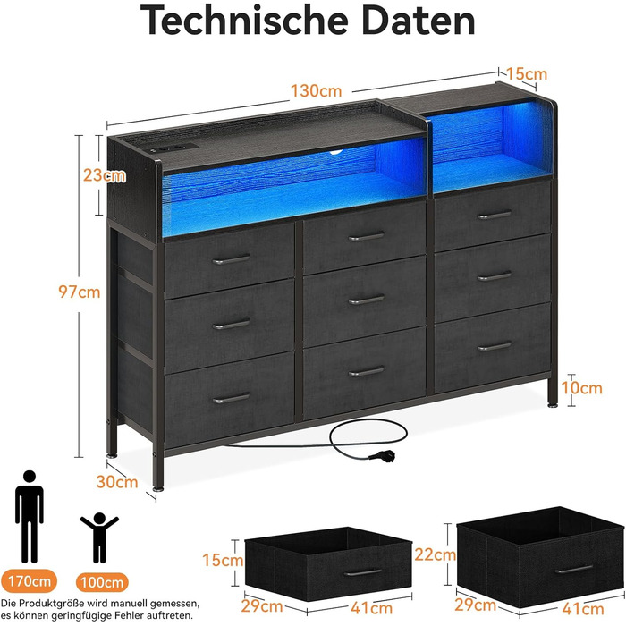 Комод ODK з шухлядами, 2 розетки, 2 USB, 10 LED-смужок, полиця, стільниця, 9 тканинних шухляд, чорний колір, 130x30x97 см