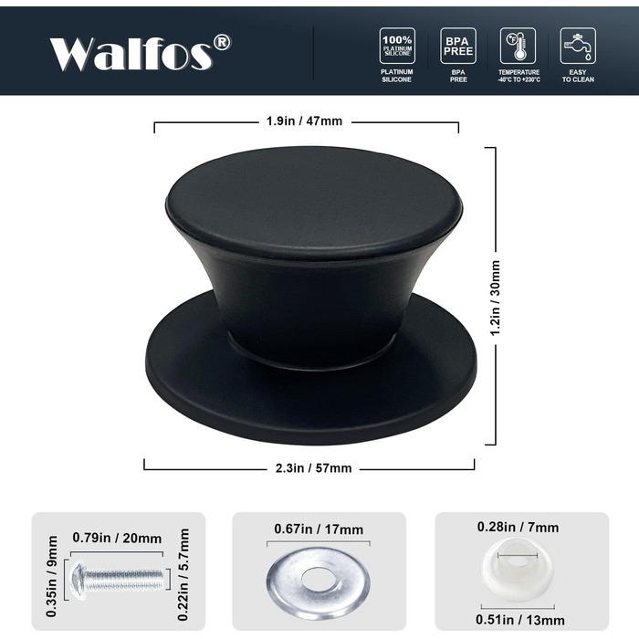 Універсальна кришка для каструль та сковорідок Walfos зі скляним куполом та силіконовим обідком, Ø 33, 36, 38 см, термостійка, чорна