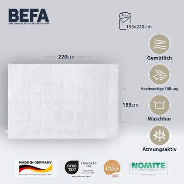 Пухова ковдра BEFA NATUR 135x200 см, 90 пух, підходить для алергіків, Oeko-Tex 100, Downpass