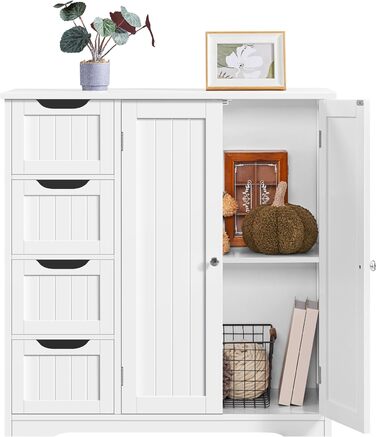 Шафа для ванної кімнати Yaheetech з 4 висувними ящиками та 2 дверцятами, тумбочка для ванної кімнати, шафа для підлоги, з регульованою полицею, для ванної кімнати, вітальні, коридору, кухні, білий, 81 × 30 × 83 см