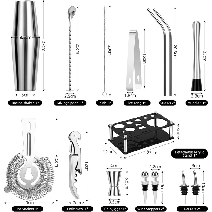 Набір для коктейлів Cinnani 15 предметів з підставкою, нержавіюча сталь, професійний шейкер-бостонський, подарунковий набір для бармена