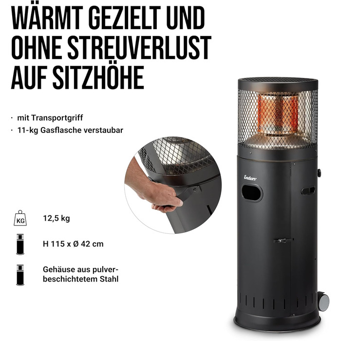 Газовий терасної обігрівач Enders Polo Black 2.0 з регулюванням 3-6 кВт, нержавіюча сталь, ENDUR Reflexionssystem, транспортні колеса, захист від перекидання, чорний