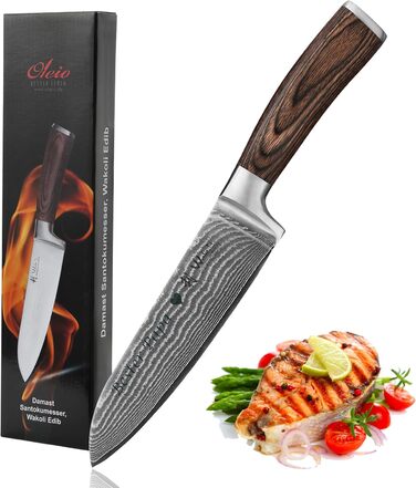 Нож Santoku Wakoli з дамаської сталі (серцевина VG10), 17 см – гострий кухонний ніж для всіх видів нарізок, з ручкою з паккавуду в подарунковій коробці (з гравіюванням)