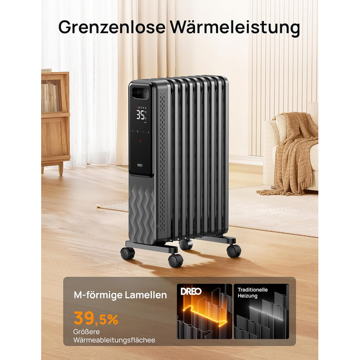 Електричний масляний радіатор Dreo OH310, 2000W, з пультом керування, 9 ребер, термостат, таймер, захист від перегріву та перекидання