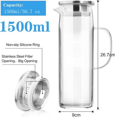 Скляна карафа для води 1.5л з кришкою, термостійка, для гарячих/холодних напоїв, вина, айс-ті та соків