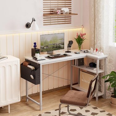 Бексв'ю кутовий стіл L-подібний для геймінгу 100x70 см з полицями, білий. Стіл для комп'ютера, навчання, роботи вдома.